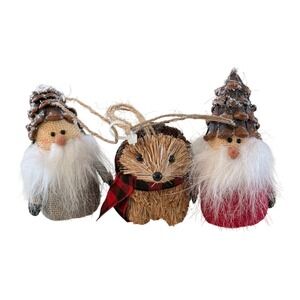 Lot of 3 Christmas Ornaments Straw Pinecone Burlap Gnome Hedgehog Rustic Country